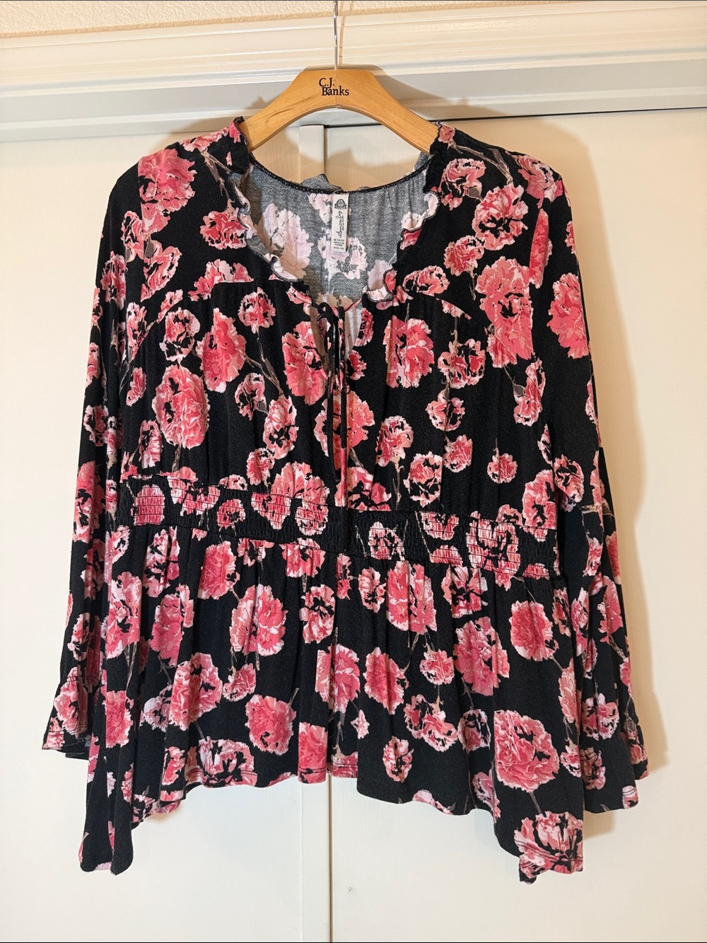 American Rag Black Blouse with Pink Floral Print